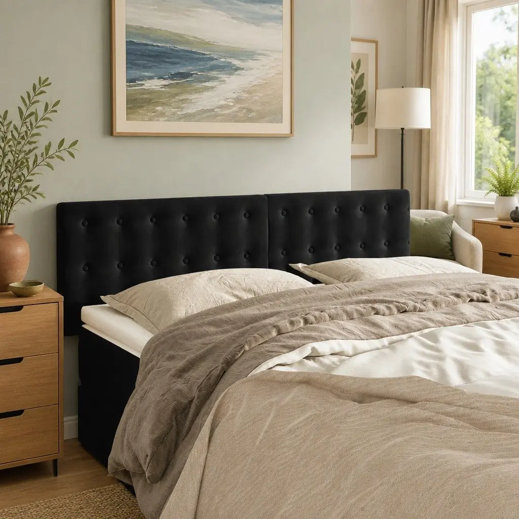 Headboard Adjustable Height Black Velvet Upholstered with Wooden Legs