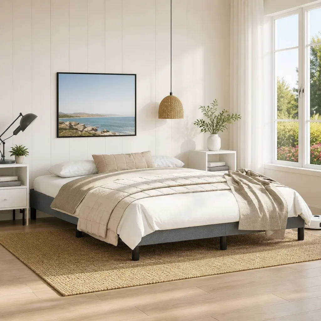 Queen Bed Frame Grey Fabric 152x203 cm Durable Upholstered Platform