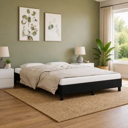 Queen Bed Frame Black Fabric 152x203 cm Bedroom Furniture Plywood Slats Legs