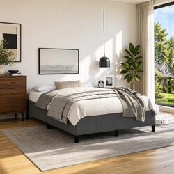 Double Bed Frame Grey Fabric 137x187cm Bedroom Furniture Plywood Slats Sturdy