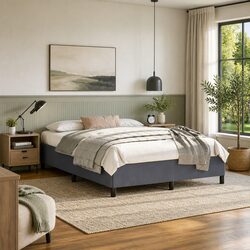 Queen Bed Frame Grey Velvet Upholstered 152x203cm Bedroom Furniture No Mattress