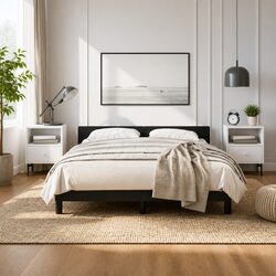 Queen Bed Frame with Headboard Black Faux Leather Bedroom Furniture Platform
