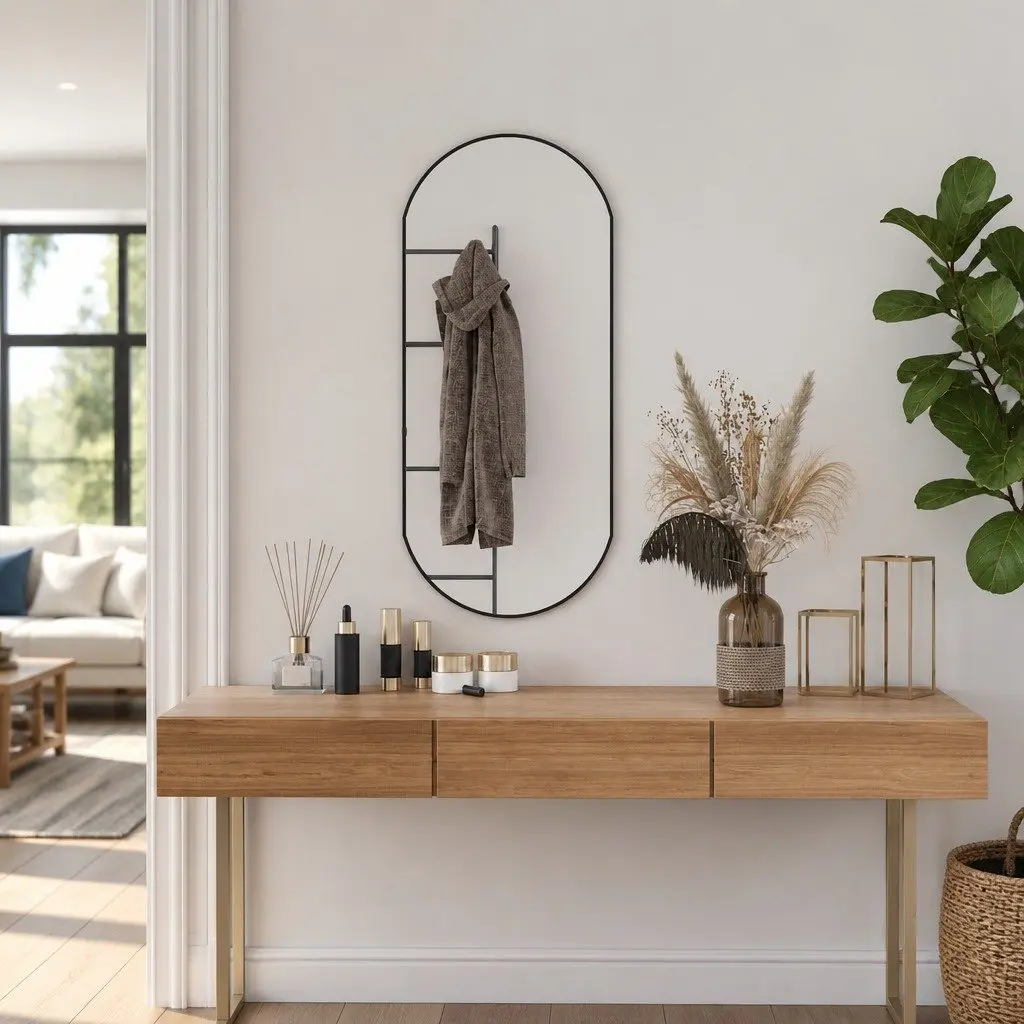 Wall Mirror Black 90x40 cm Oval Glass PVC Frame Vanity Bathroom Bedroom Home