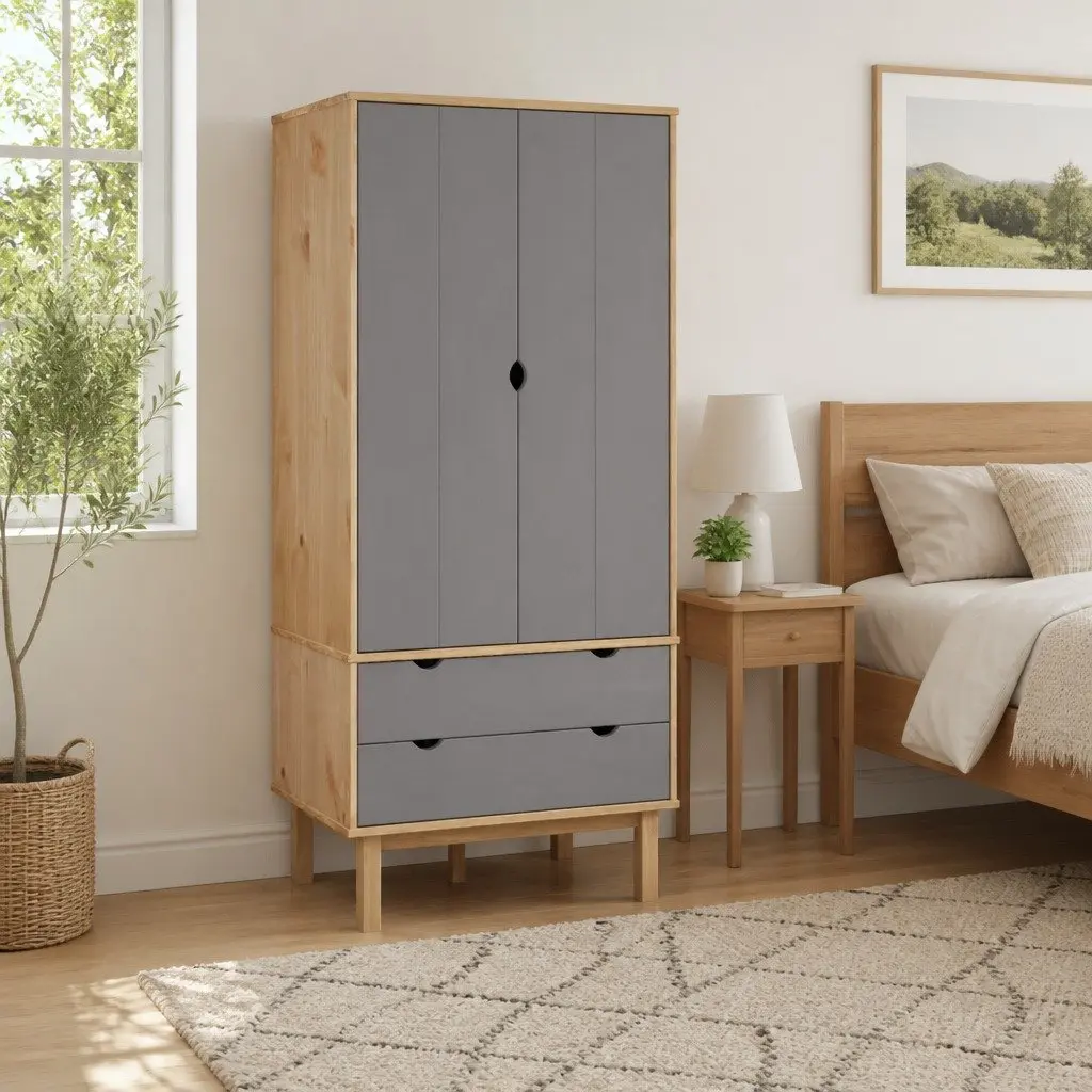 Wardrobe with Drawers Grey 76.5x53x172cm Solid Wood Pine Storage Cabinet