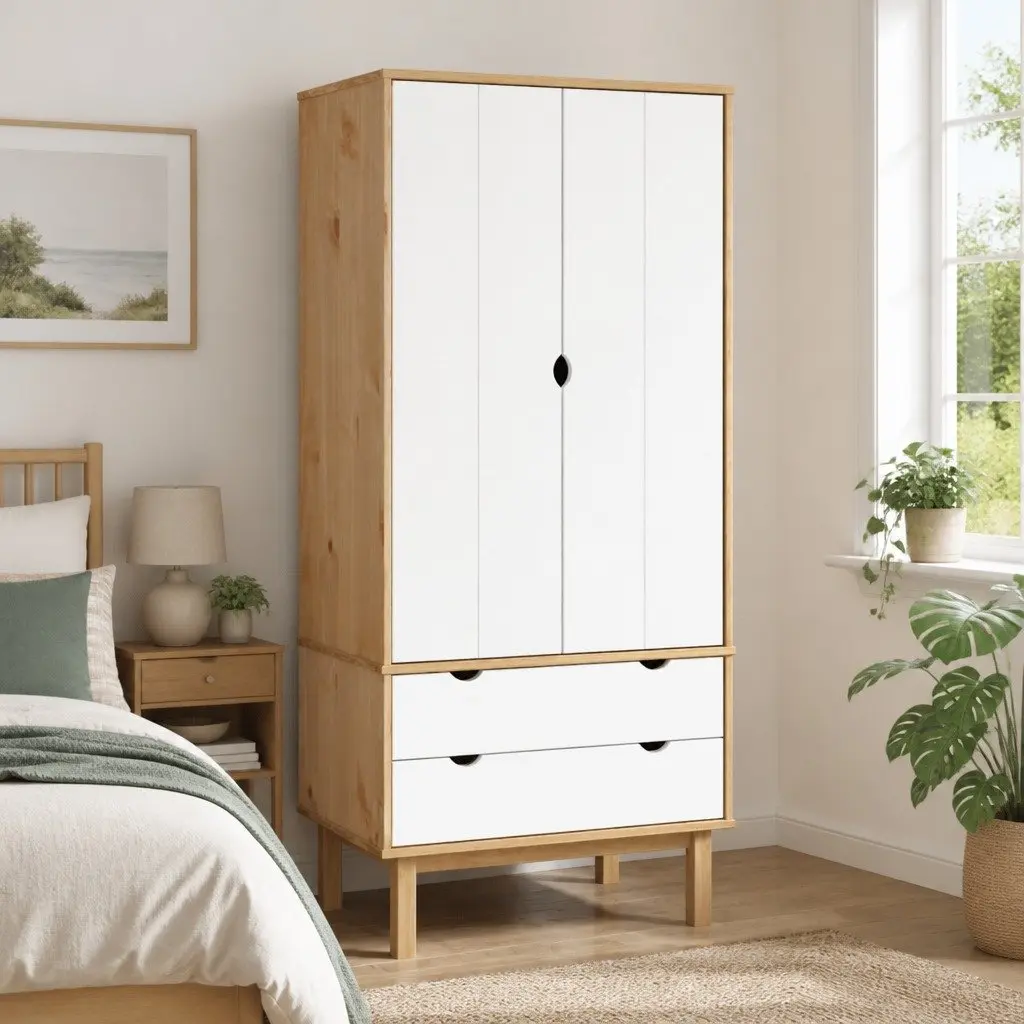 Wardrobe Brown and White 76.5x53x172 cm Solid Pine Wood 2 Drawers Storage Closet