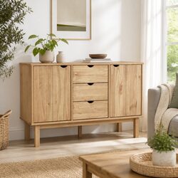 Solid Pine Wood Sideboard with Drawers and Doors Brown Scandinavian Storage