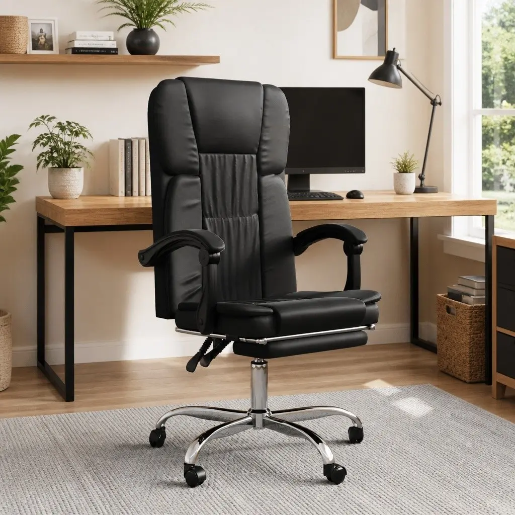 Reclining Office Chair Adjustable Height Black Faux Leather Swivel Desk