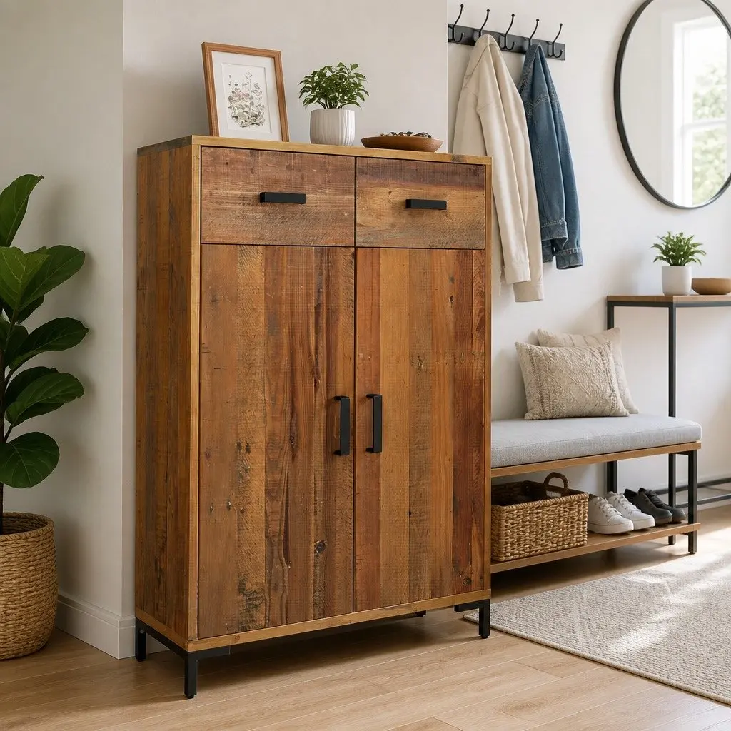Shoe Rack Solid Pinewood 75x40x110 cm Brown 2 Drawers Storage Cabinet