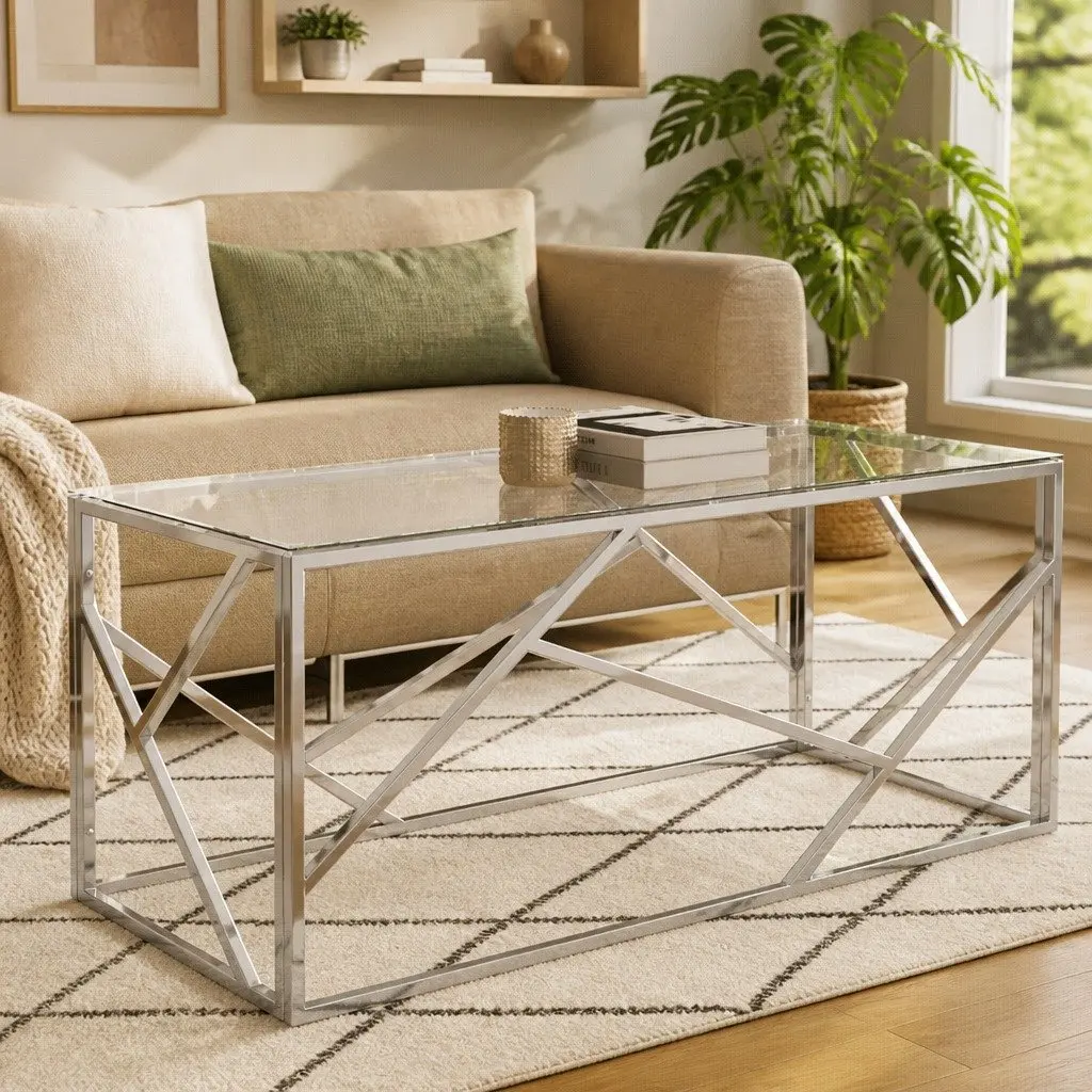 Coffee Table Tempered Glass Top Stainless Steel Frame Modern Silver