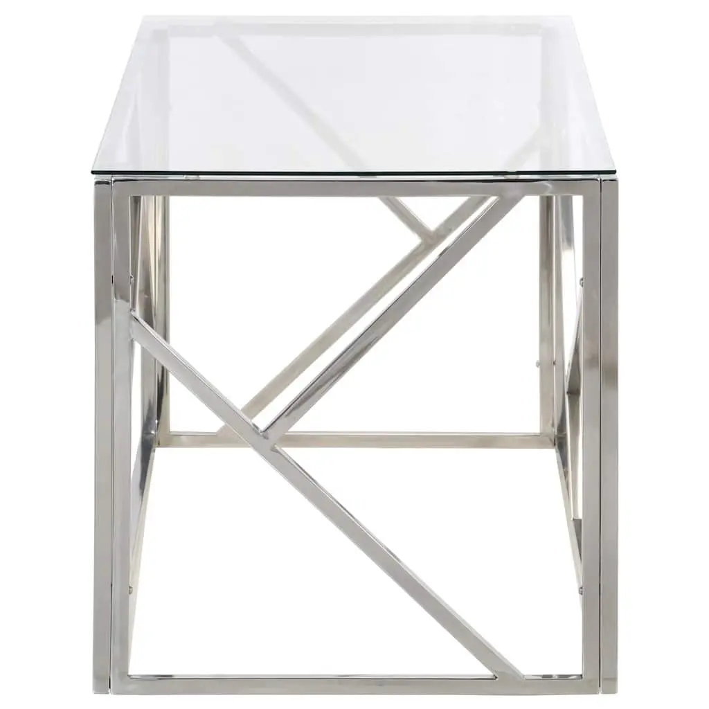 Coffee Table Tempered Glass Top Stainless Steel Frame Modern Silver