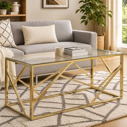 Coffee Table Gold Stainless Steel Frame Tempered Glass Top Accent Living Room