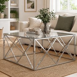 Coffee Table Silver Stainless Steel Frame Tempered Glass Top Modern Accent