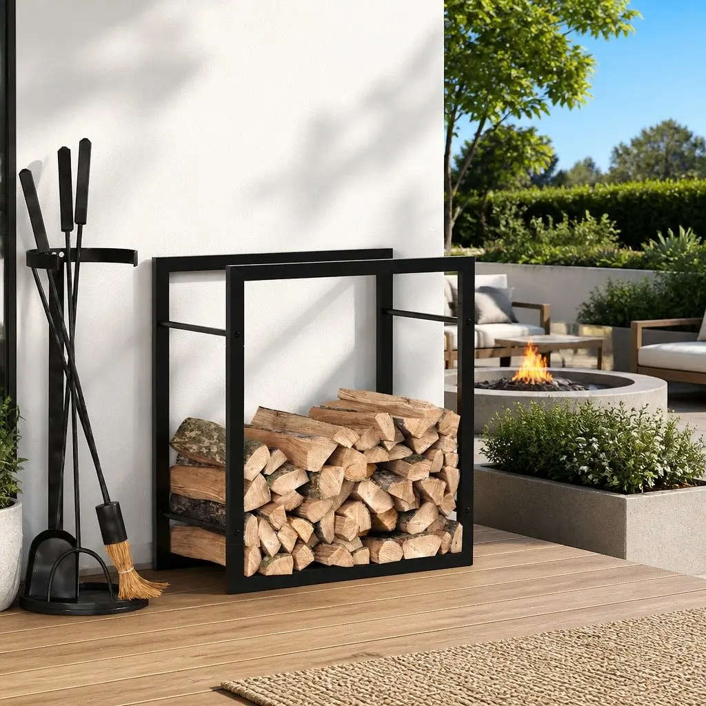 Firewood Rack Log Storage Holder Steel Black Fireplace Wood Stand Home Garden