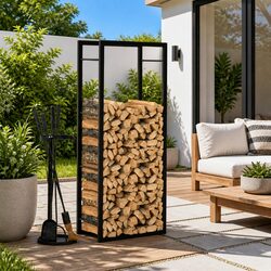 Log Rack Firewood Storage Holder Black Steel Fireplace Wood Stove Outdoor Indoor