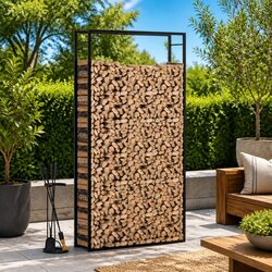 Firewood Rack Black Steel Log Storage Stand Fireplace Wood Holder 110x28x214cm