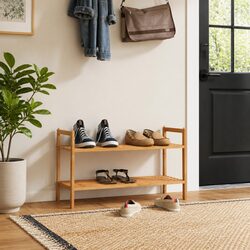Shoe Rack Solid Wood Storage Organiser 2 Shelves Brown Stackable