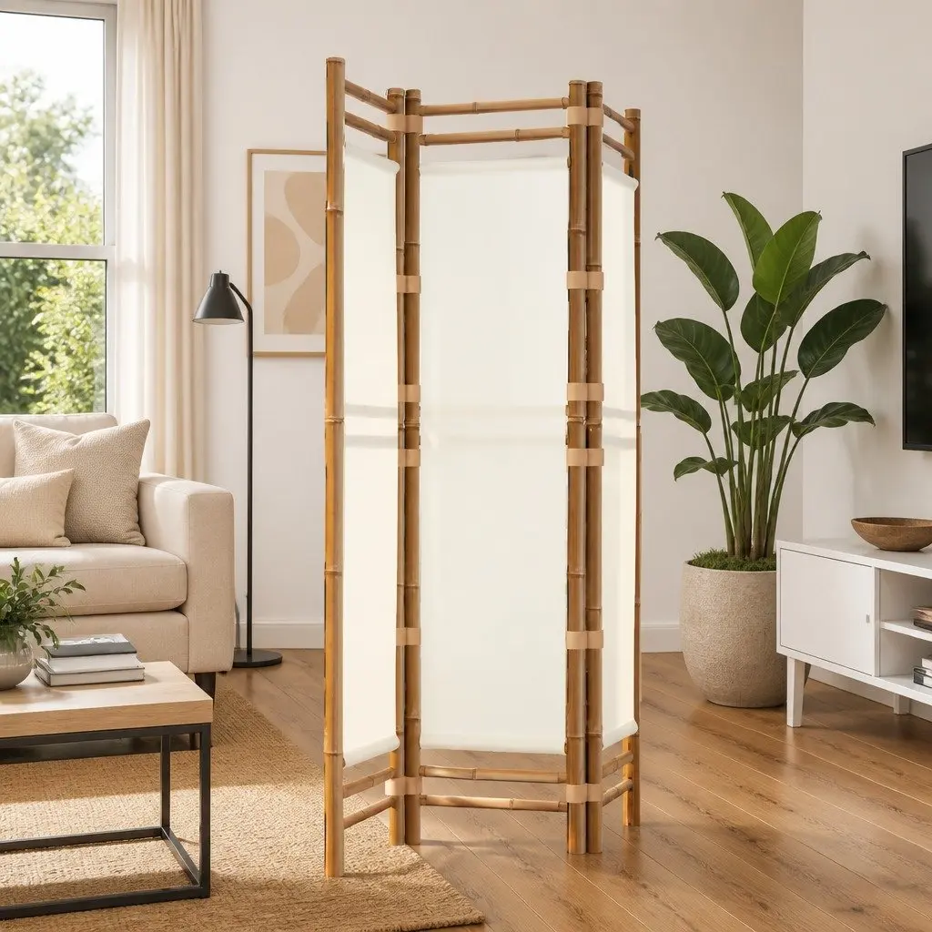 Room Divider Folding Privacy Screen 3-Panel Bamboo Canvas Indoor Cream