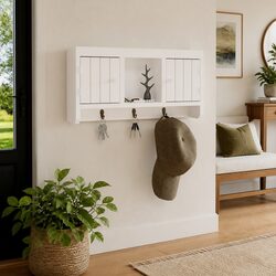 Key Cabinet Wall-Mounted White Storage Organiser With Hooks Compartments Shelf