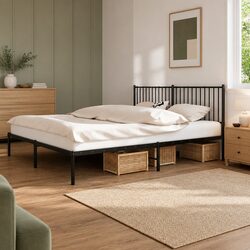 Metal Bed Frame King 183x203 cm Black with Headboard Slatted Base Storage