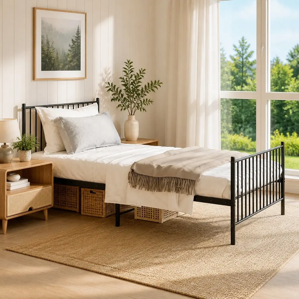 Metal Bed Frame King Single 107x203 cm Powder-Coated Steel Slatted Base Black