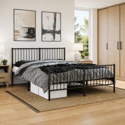 Metal Bed Frame 150x200 cm Black Bedroom Furniture with Footboard and Headboard