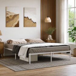 Metal Bed Frame 150x200 cm White Slatted Base Steel Bedroom Furniture