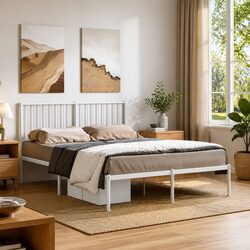 Metal Bed Frame with Headboard White 135x190 cm Bedroom Furniture Storage Space