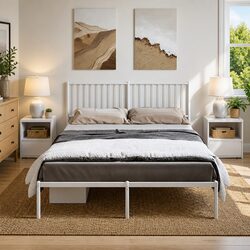Metal Bed Frame White 150x200 cm with Headboard Support Slats Storage Space