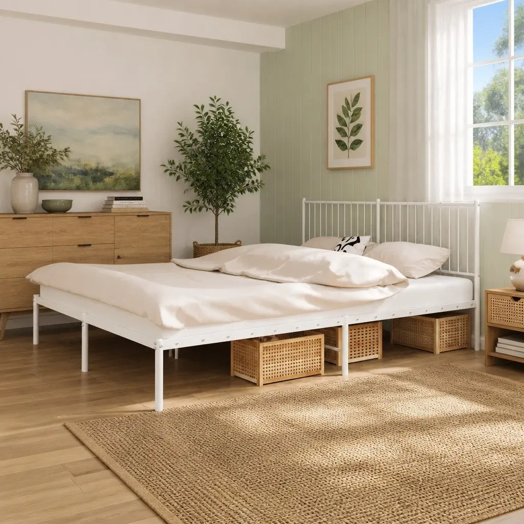 Metal Bed Frame King Size with Headboard White Steel Slats Support 183x203 cm