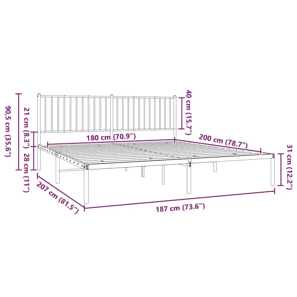 Metal Bed Frame King Size with Headboard White Steel Slats Support 183x203 cm