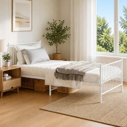 Metal Bed Frame King Single 107x203 cm White Footboard Slatted Base Bedroom