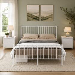 Metal Bed Frame 135x190 cm White with Footboard Slatted Base Bedroom Furniture