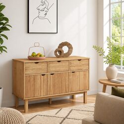 Solid Wood Pine Sideboard with 3 Doors 3 Drawers Scandinavian Design Storage