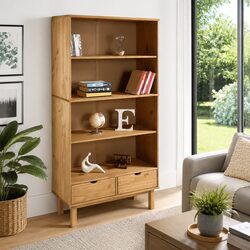 Wooden Bookcase with 2 Drawers Brown Solid Pine Scandinavian Design Storage