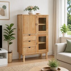 Highboard Solid Wood Pine Storage Cabinet 85x43x125cm 3 Drawers Sideboard Brown