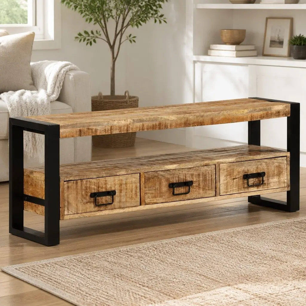 Solid Wood TV Cabinet Vintage Style 120x30x45 cm Brown Mango Media Storage Unit