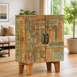 Hand Carved Wooden Sideboard Cabinet Reclaimed Wood Storage Accent Furniture