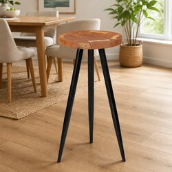 Log Bar Table Solid Wood Acacia Round Dining Kitchen Industrial Style Iron Legs