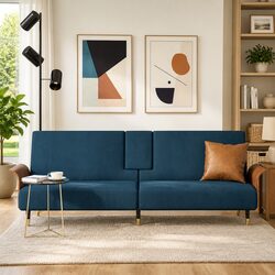 Sofa Bed with Adjustable Backrest Cup Holders USB Ports Blue Velvet Sleeper