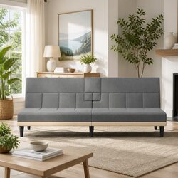 Sofa Bed Grey Fabric Adjustable Backrest Cup Holders Foldable Tea Table Sleeper