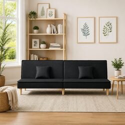 Sofa Bed Black Fabric Adjustable Backrest Sleeper Couch Guest Bedroom Furniture