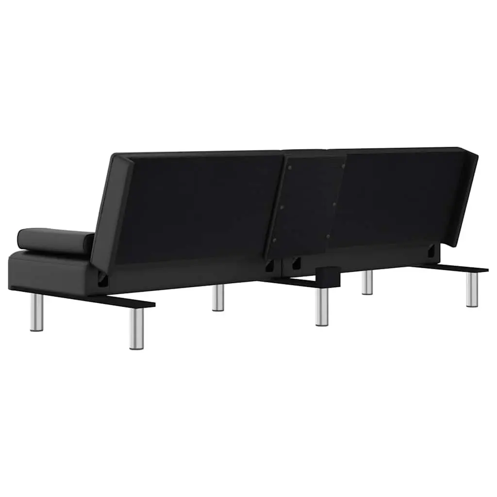 Sofa Bed Adjustable Backrest Black Faux Leather with Cup Holders