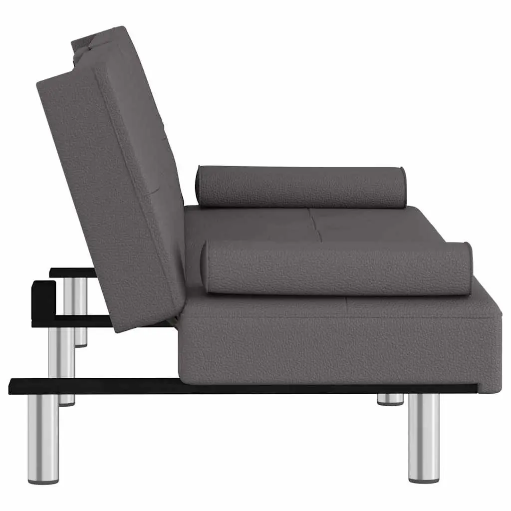Sofa Bed Grey Faux Leather Adjustable Backrest with Cup Holders
