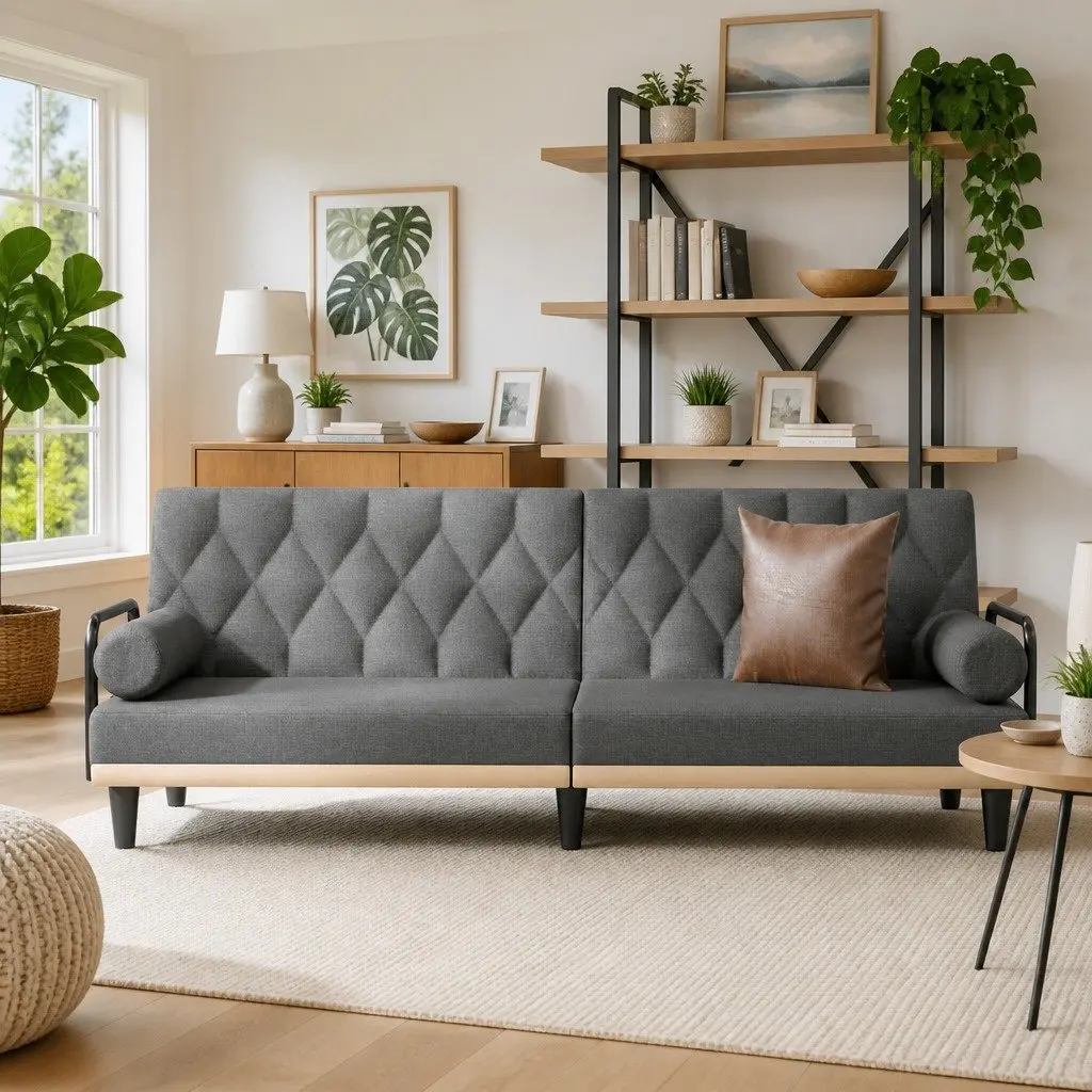 Sofa Bed Adjustable Backrest Grey Fabric Armrests