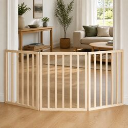 Dog Gate Foldable 3 Panels 150cm Brown Poplar Wood Pet Safety Barrier