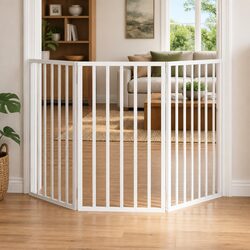 Dog Gate Foldable 3 Panels White 150cm Poplar Wood Pet Safety Barrier