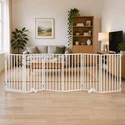 Dog Gate Foldable 6 Panels White Poplar Wood Pet Safety Barrier Door Enclosure