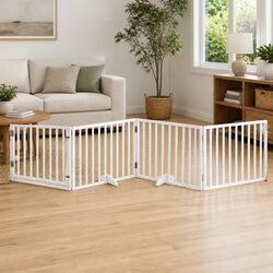 Dog Gate Foldable 4 Panels White Poplar Wood Pet Safety Barrier Door Enclosure