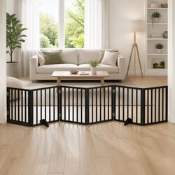 Dog Gate Foldable 6 Panels Black 300cm Poplar Wood Pet Safety Barrier Door