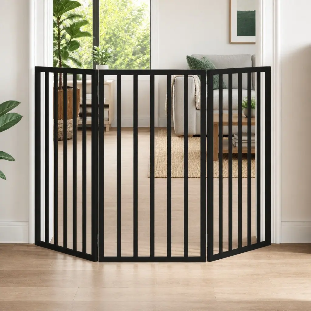 Dog Gate Foldable 3 Panels 150 cm Black Poplar Wood Pet Safety Barrier